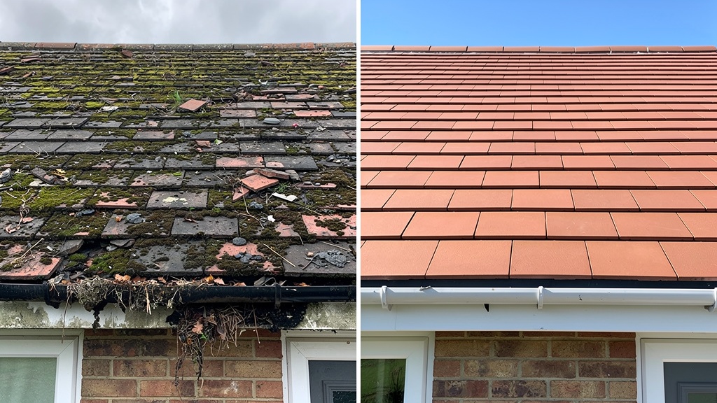 Before and after comparison of a UK residential roof showing the difference a professional roof survey and repair makes