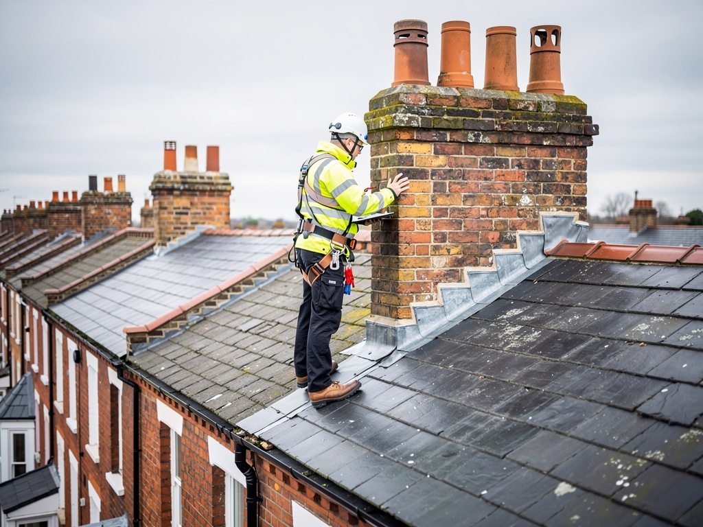 Professional surveyor inspecting chimney stack and lead flashing on UK Victorian terraced house – Roof Surveyor London