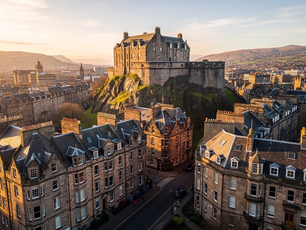 Edinburgh Scotland stone tenement rooftops aerial view – Roof Surveyor London provides independent roof surveys across Scotland and Wales