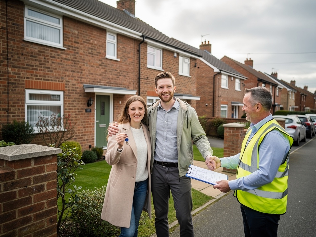 Happy couple outside their new home after a successful roof survey by My Roof Surveyor UK