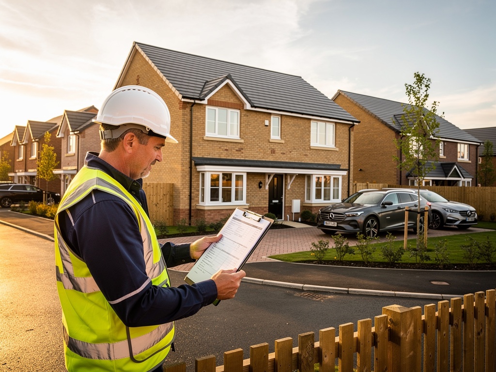 Professional surveyor inspecting new build house roof in UK suburban estate – Roof Surveyor London