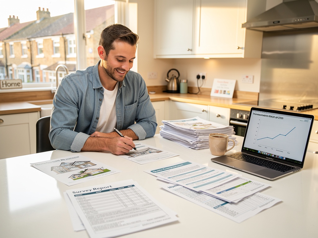 Property buyer reviewing survey reports at home