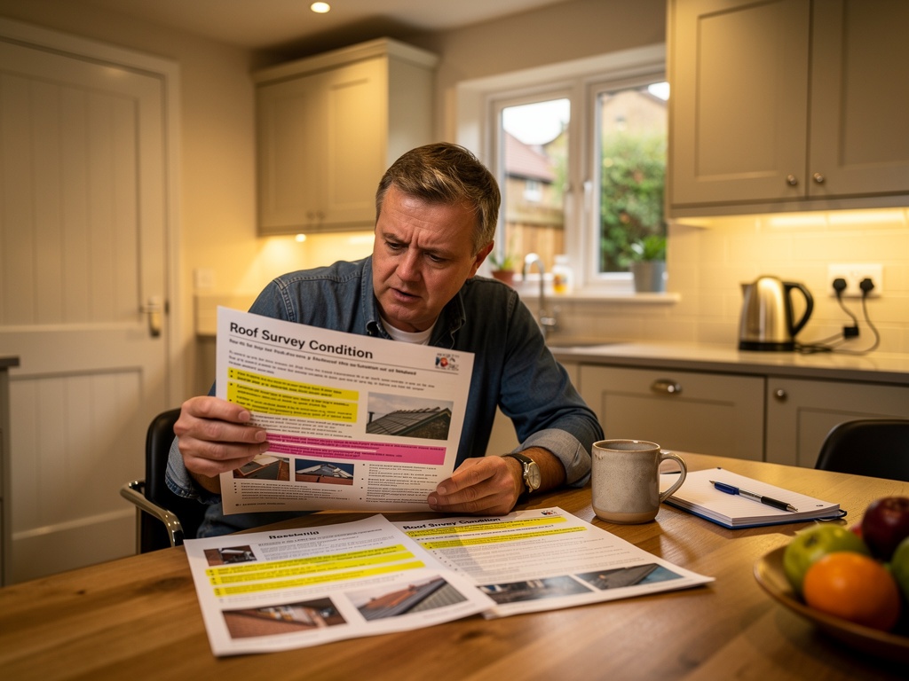 Homeowner reading a professional roof survey report at kitchen table in a UK home – Roof Surveyor London