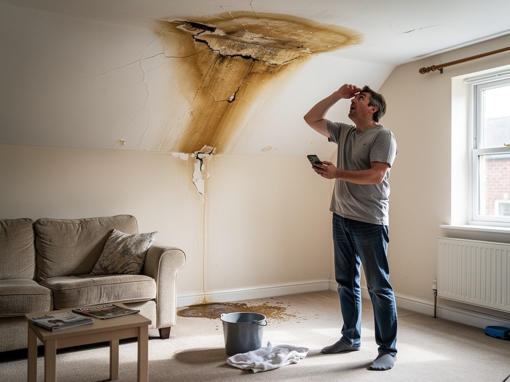 Interior ceiling water stain damage from roof leak in UK home