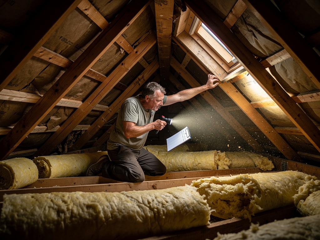 Roof maintenance inspection from inside loft space checking rafters and insulation