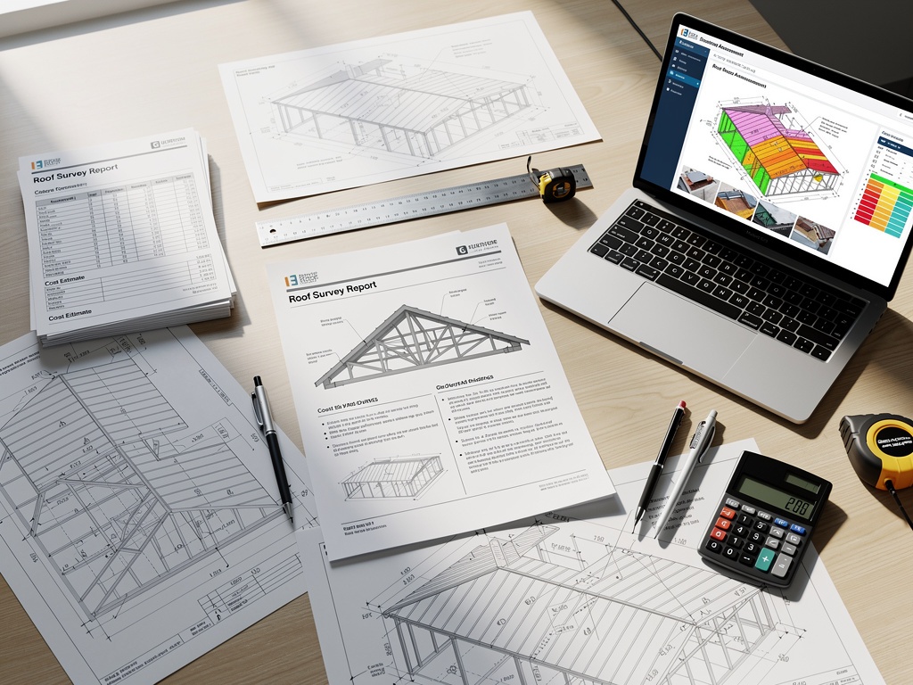 Professional roof survey report on desk with technical drawings and laptop